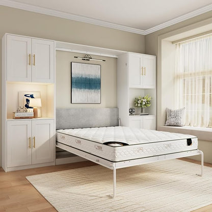 Bobve Farmhouse Murphy Bed Queen, 85" Wall Bed Folds to Save Space, Concealed Bed Frame with 2 Storage Cabinets and Wall Mounted Features for Apartment/Office/Guest Room