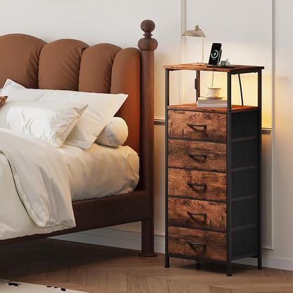 Somdot Tall Nightstand with Charging Station and LED Light for Bedroom, 5 Drawers Dresser with Fabric Bins for Bedside Kids Dorm Room Closet Laundry Entryway, Wood Grain Print