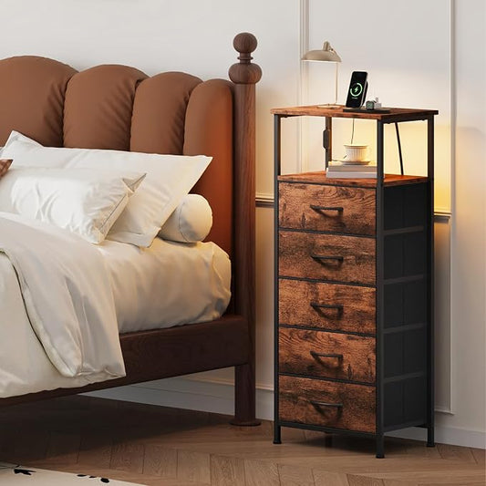 Somdot Tall Nightstand with Charging Station and LED Light for Bedroom, 5 Drawers Dresser with Fabric Bins for Bedside Kids Dorm Room Closet Laundry Entryway, Wood Grain Print