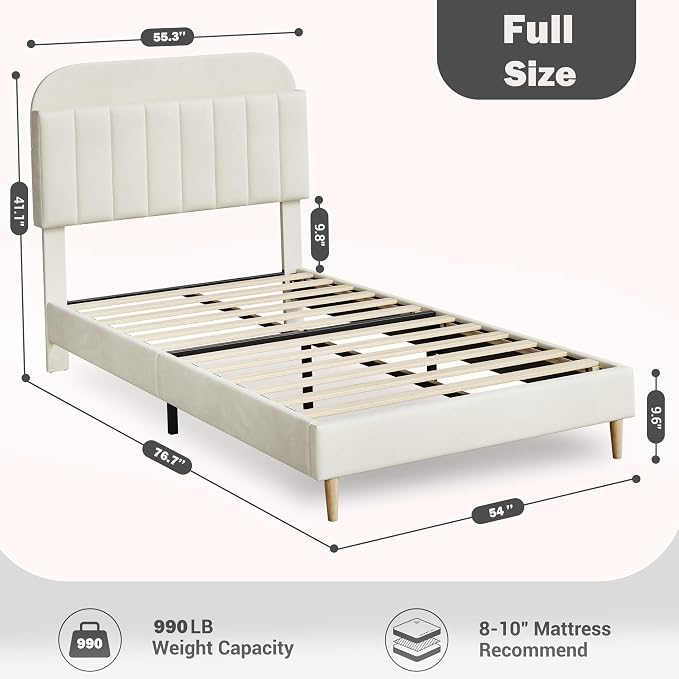 IDEALHOUSE Full Bed Frames, Upholstered Platform Bed Frame with Bookcase Headboard, Velvet Platform Bed Mattress Foundation, Heavy Duty Steel Support Legs, Easy Assembly, Noise Free, Cream White