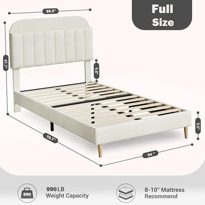 IDEALHOUSE Full Bed Frames, Upholstered Platform Bed Frame with Bookcase Headboard, Velvet Platform Bed Mattress Foundation, Heavy Duty Steel Support Legs, Easy Assembly, Noise Free, Cream White
