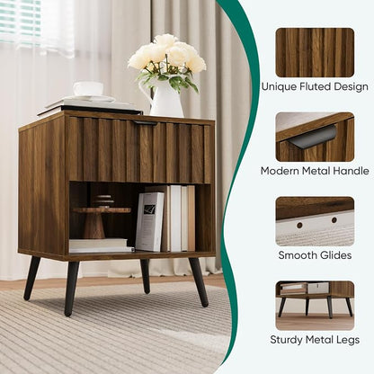 Smuxee Walnut Wooden Night Stand Set of 2, Mid Century Nightstand with Fluted Drawer, Bedside Table with Open Shelf, Modern End Side Table for Bedroom
