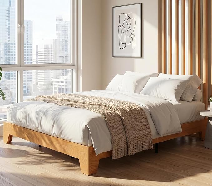 IDEALHOUSE King Size Platform Bed Frame,Boho Wood Bed with Noise-Free Slats,No Box Spring Needed,Nature Bedroom Furniture,Sturdy Wooden Bed Foundation,Easy Assembly