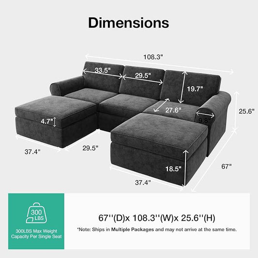 Novilla 108" Modular Sectional Sofa, Modular Sectional Couches for Living Room, Chenille Removable Cover Boneless Couch with Smarts Coil® Support U-Shaped Couch(Dark Grey, 3 Seater + 2 Ottoman)