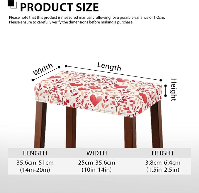 Valentines Day Bar Stool Covers Rectangle Hearts Leaves Bar Stool Seat Covers Rectangle 2 Pack Stretch Washable Vanity Chair Cover for Holiday Party Decor with Elastic Bands