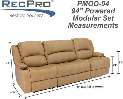 RecPro Charles 94" Powered Triple RV Wall Hugger Recliner Sofa with Drop Down Console, RV Furniture with Upgraded 2023 Suprima Leather Fabric Blend, Toffee