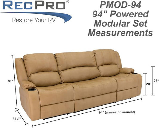RecPro Charles 94" Powered Triple RV Wall Hugger Recliner Sofa with Drop Down Console, RV Furniture with Upgraded 2023 Suprima Leather Fabric Blend, Toffee