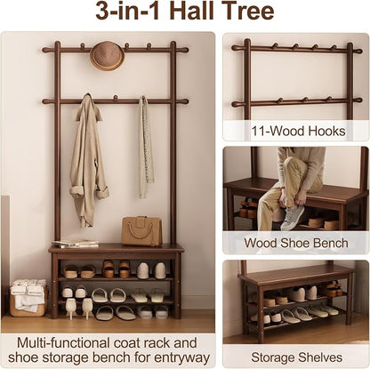 AQIMUELE Hall Tree, Coat Rack with Shoe Storage, Wooden Hall Tree with Bench, 11 Hooks and 2-Tier Storage Shelves, Entryway Bench with Coat Rack (31.5" - Deep Walnut)