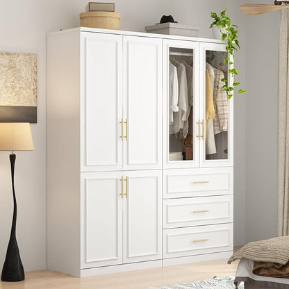 WOODTIME Wardrobe Closet with 2 Hanging Rods, 6 Framed Doors & 3 Drawers, Modern Wooden Armoire with Glass Doors & 4 Shelves, Clothes Storage Cabinet Organizer for Bedroom Apartment, White