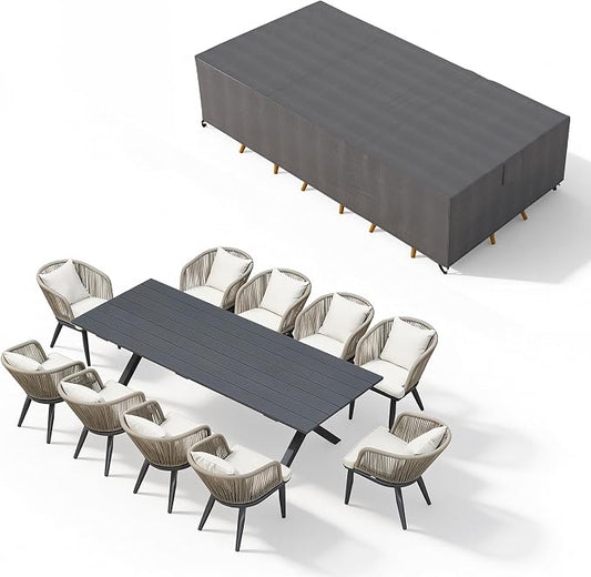 PURPLE LEAF 11 Pieces Patio Dining Set with Waterproof Furniture Cover Rectangular Table and Chairs Set for Garden Deck Aluminum Frame Backyard Kitchen Set, Cushions and Pillows Included Taupe