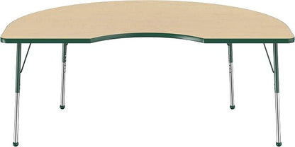 FDP Kidney Activity School and Office Table (48 x 72 inch), Standard Legs with Ball Glides for Collaborative Seating Environments, Adjustable Height 19-30 inches - Maple Top and Green Edge