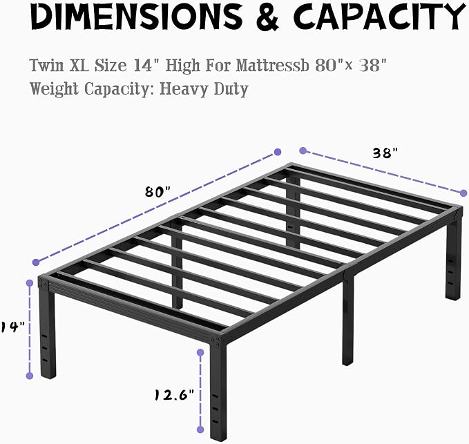 Furnitui 14 Inch High Metal Twin XL Bed Frames, Platform Twin XL Bed Frame No Box Spring Needed, Easy Assembly, Noise Free, Sturdy, Black