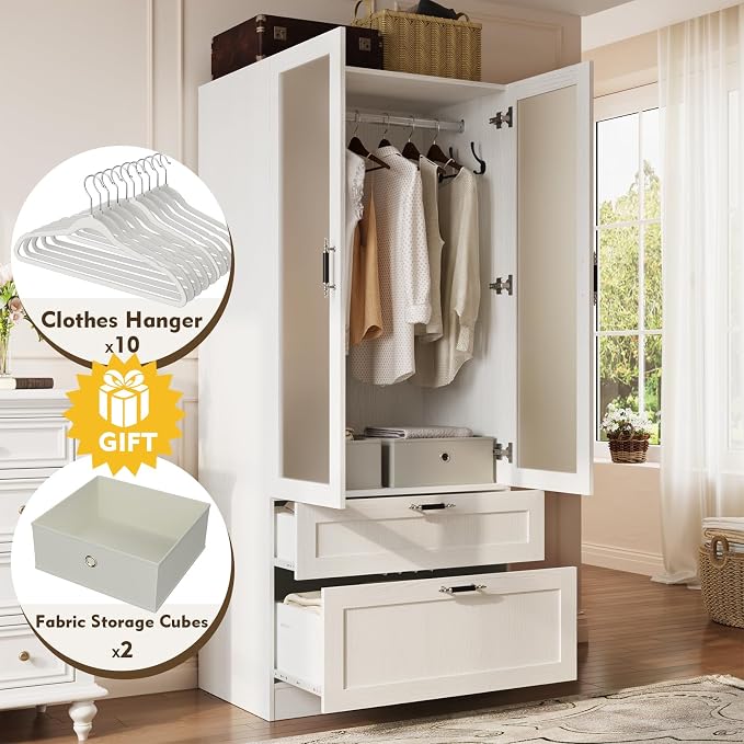 MEISSALIVVE 2 Door Wardrobe Cabinet with Hanging Rod & 2 Drawers, 70.9''H Armoire Wardrobe Closet with Frosted Glass, Wardrobe Clothes Storage Closet Cabinet for Bedroom, Wood Grain