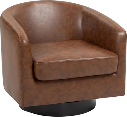 360° Swivel Barrel Accent Chair Armchair, PU Leather Round Club Arm Chair for Lving Room, Modern Upholstered Small Bedroom Single Sofa Seat - Coffee Brown, Set of 1