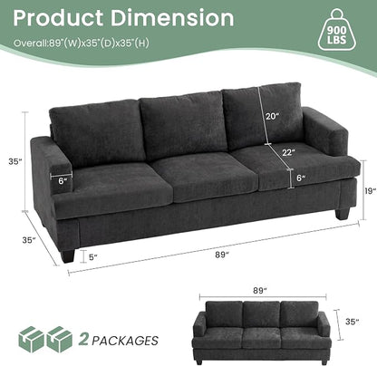 YOUDENOVA Sofa, 89" 3-Seater Deep Seat Sofa, Modern Comfy Couches for Living Room Apartment Lounge, Dark Grey Chenille