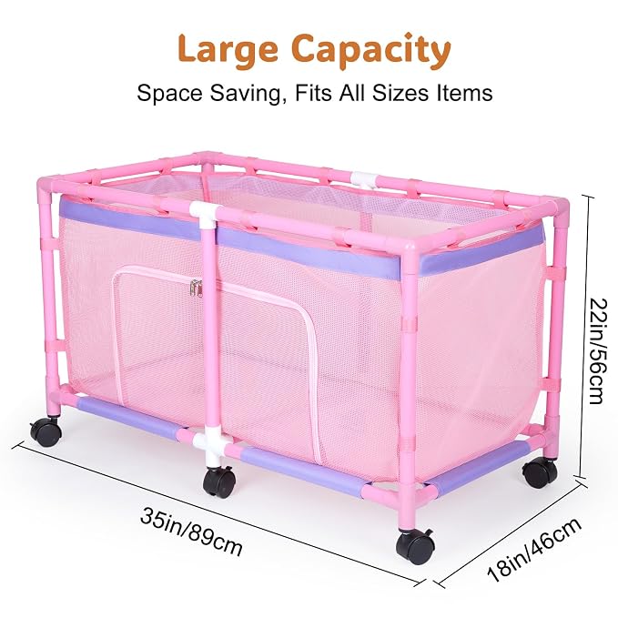 FIOBEE Toy Box for Girls Boys with See-Through Mesh & 360° Rotating Wheels Toy Chest Organizer Easy Install Stuffed Animal Storage for Nursery Playroom Toy Storage Bin, Pink