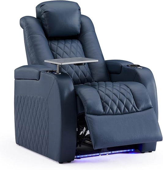 Weilianda Home Theater Seating Top Grain Leather Zero Gravity Recliner Chair Power Headrest Recline Movie Seat Gaming 7 Colors Mood Light Sofa with Tray Table USB Charge Row of 1 Blue