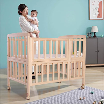 Flwrgirl Mini Baby Crib with Mattress,Portable Bedside Bassinet Sleeper,5 Adjustable Heights,Wood Nursery Crib with Locking Wheels,Compact Baby Bed for Newborns Infants,Unpainted