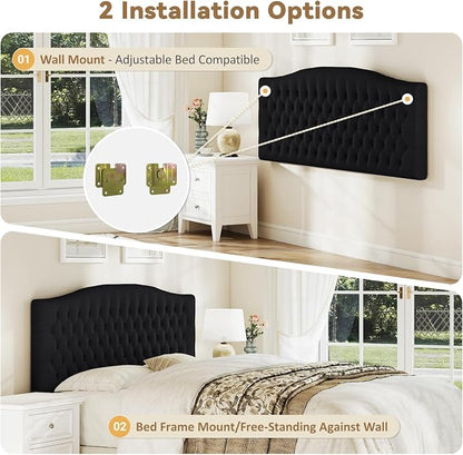 King Headboard Only, Upholstered Headboard King for Adjustable Bed Velvet Tufted Wall Mounted Head Board with Solid Wood Legs Head Board, Black