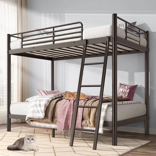 Bunk Bed Twin Over Twin with Safety Guardrail & Ladder,Space Saving Twin Bed Frames for Kids Teens and Adults,Heavy Duty Metal Bunk Bed for School Bedroom,No Box Spring Needed（Black）