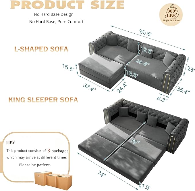 90.6'' Futon Sofa Bed, Chesterfield Velvet Sleeper Sofa, Convertible Floor L-Shaped Couch, Tufted Back, 4 Pillows, Gold Edge Trim, Deep Loveseat Couches for Living Room, Apartment, Gold Grey