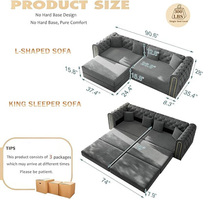 90.6'' Futon Sofa Bed, Chesterfield Velvet Sleeper Sofa, Convertible Floor L-Shaped Couch, Tufted Back, 4 Pillows, Gold Edge Trim, Deep Loveseat Couches for Living Room, Apartment, Gold Grey