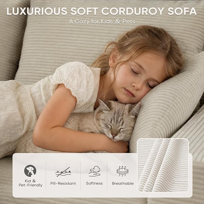 Boneless Couch, 102.4" Sectional Couches for Living Room with L Shape Sofa | Cloud Couch Sectional with Chaise, Modular Cloud Sofa with Deep Seat, No Assembly, Beige, Corduroy, Left Chaise