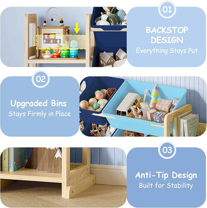 EXPERLAM Extra Large Toy Storage - Toy Storage Organizer, Wooden Toy Organizer with 6 Side Shelves and 16 Bins, 3-in-1 Bookshelf for Kids Rooms, Playroom, Nursery, Blue