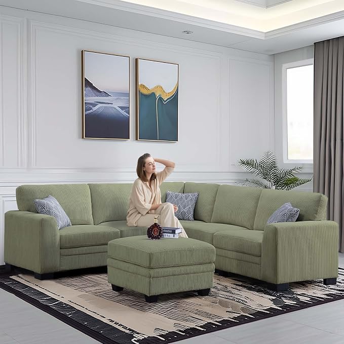 Legend Vansen U-Shaped Modular Sectional Sofa, Corduroy Couch with Ottoman, Deep Seat & Removable Cushion, 6-Seat Oversized Sofa, Easy Assembly for Living Room Apartment