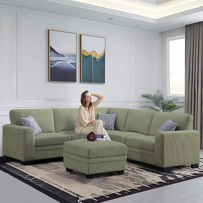 Legend Vansen U-Shaped Modular Sectional Sofa, Corduroy Couch with Ottoman, Deep Seat & Removable Cushion, 6-Seat Oversized Sofa, Easy Assembly for Living Room Apartment