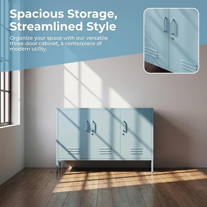 32" Wide 3-Door Lockable Metal Storage Cabinet with Accent Cabinet Locker, Heavy Duty Home Tool Cabinet, 2 Removable Shelves & Easy Assembly, for Home, Office, Entryway and Hallway Blue