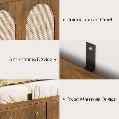 Yoobure Queen Murphy Bed with Charging Station - Rattan Queen Bed Frame with Storage Drawers, Wood Cabinet Beds for Guest Bedroom, Living Room, Office, Farmhouse Hideaway Beds with Foldable Platform