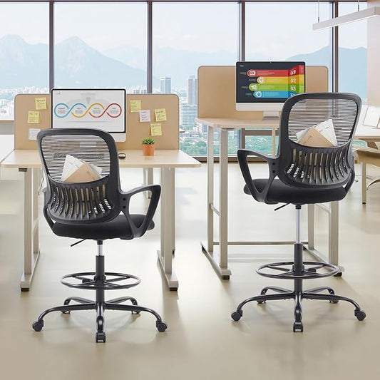 Sweetcrispy Tall Drafting Desk Chair - Ergonomic High Stool Computer with Adjustable Height and Comfy Lumbar Support, Office Rolling Counter with Flixed Arms and Footrest, Dark Black