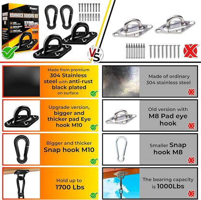 PAMAZY [Upgraded] 1700 lb Capacity 2PCS M10 Stainless Steel Pad Eye Hooks+2PCS 10MM Snap Hook + 8PCS Heavy Duty Screws for Hammock Hanging Kit, Swing Hanging, Wall/Ceiling Mount, Indoor & Outdoor