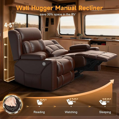 Loveseat Recliner Sofa, Wall Hugger RV Reclining Loveseat RV Couch with USB Ports, Large Pockets, Cup Holders, 150° Adjustable RV Recliners Furniture for Travel Trailers & Home Theater Seating