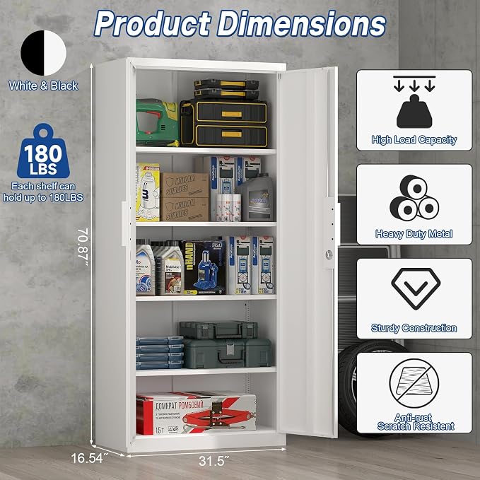 White Metal Storage Cabinet with Doors and Shelves, 71" Tall Metal Garage Cabinets with Lock, Lockable Office Storage Cabinets, Steel Tool Cabinets for Home Office,Garage,Shop
