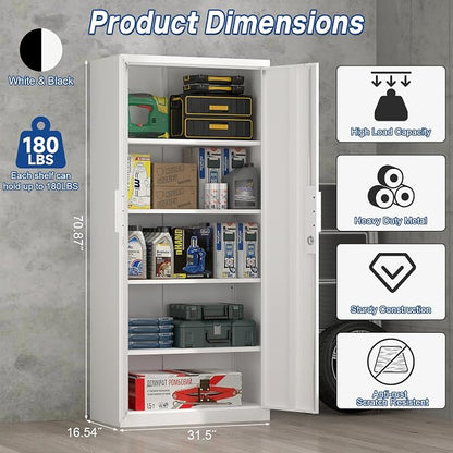 White Metal Storage Cabinet with Doors and Shelves, 71" Tall Metal Garage Cabinets with Lock, Lockable Office Storage Cabinets, Steel Tool Cabinets for Home Office,Garage,Shop