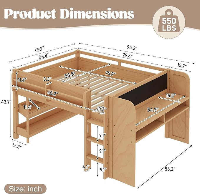 Bellemave Full Size Low loft Bed with Desk and bookcases, Boxes and Drawers for Kids,Wood Modern Farmhouse Kids Loft Beds with Shelf, Natural
