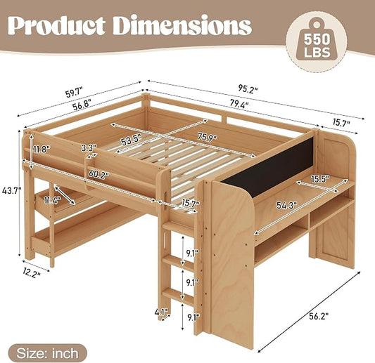 Bellemave Full Size Low loft Bed with Desk and bookcases, Boxes and Drawers for Kids,Wood Modern Farmhouse Kids Loft Beds with Shelf, Natural