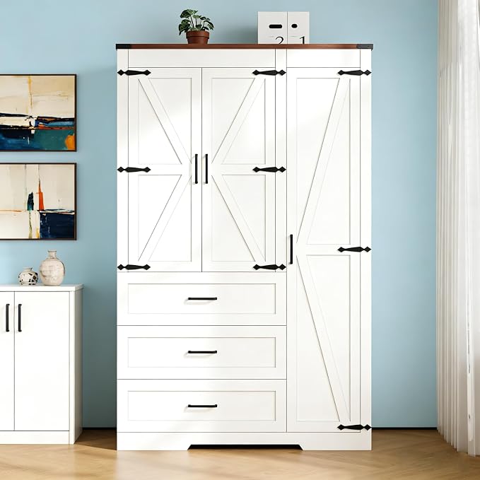 Farmhouse Wooden Armoire Storage Cabinet with Adjustable Shelves & Hanging Rod, 3 Doors Wardrobe Armoire Closet with Drawers, 70" Freestanding Clothing Storage Cabinet for Bedroom (3 door, White-1)