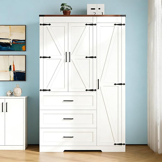 Farmhouse Wooden Armoire Storage Cabinet with Adjustable Shelves & Hanging Rod, 3 Doors Wardrobe Armoire Closet with Drawers, 70" Freestanding Clothing Storage Cabinet for Bedroom (3 door, White-1)