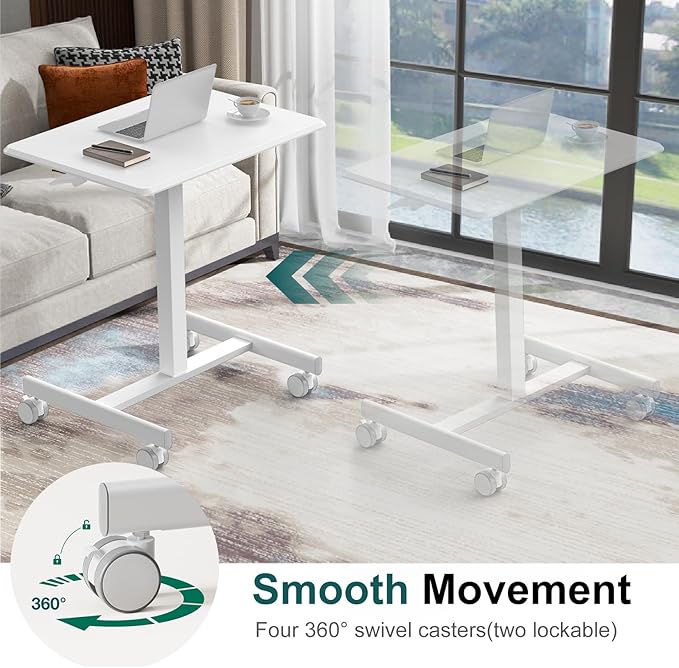 DUMOS Mobile Small Standing Desk, Portable Rolling Laptop Desk with 2 Lockable Wheels, Adjustable Height Computer Workstation for Home Office, 19 Inch White