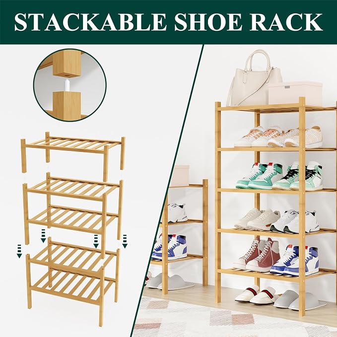 Smiry Small Bamboo Shoe Rack, 6 Tier Free Standing Wooden Shoe Organizer, Stackable Wood Shoe Storage Shelf for Closet, Entryway, 12 Vertical Slats, 2+2+2 Stack Standard Legs, 17.3"x11"x39", Natural