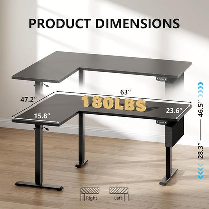 63” L Shaped Electric Standing Desk, Height Adjustable Computer Desk with LED Screen & Memory Presets, Ergonomic Sit to Stand Desk with Headphone Hook for Home, Office and Workstation, Dark Black