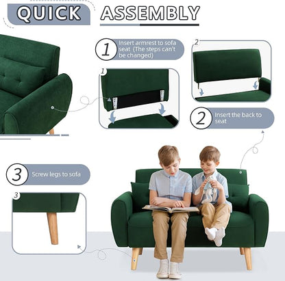 Shintenchi 48'' Loveseat Sofa, Mid-Century Modern Upholstered Couch Deep Seat with 2 Pillows, 10" Thick Cushion with Spring, Solid Wood Frame Small Couch for Living Room, Dorms & Office, Green