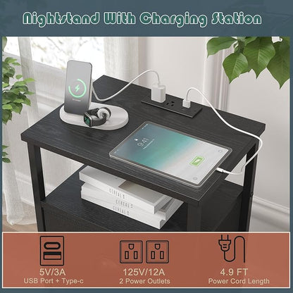 sthmec Nightstand with Charging Station,LED Black Nightstand with 3 Fabric Drawers PU Finish, Bedside End Tables, 2-Tier Open Storage Shelf Side Table Nightstand with Drawers for Bedroom,Black