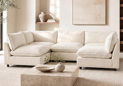 Iroomy Modular Sectional Sofa, Oversized Chenille Cloud Couch, Deep Comfy Seat, 5-Seater Sofas Couches for Living Room, Beige, High Feet