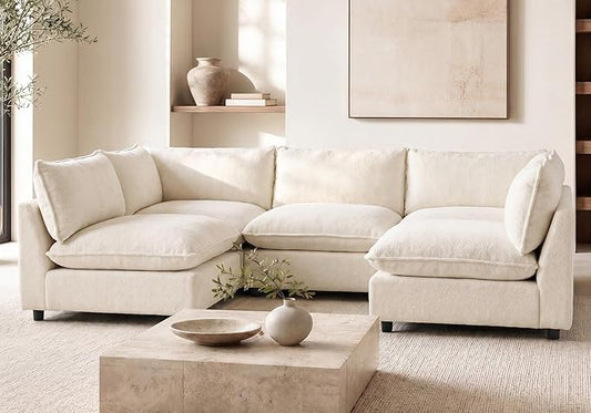 Iroomy Modular Sectional Sofa, Oversized Chenille Cloud Couch, Deep Comfy Seat, 5-Seater Sofas Couches for Living Room, Beige, High Feet