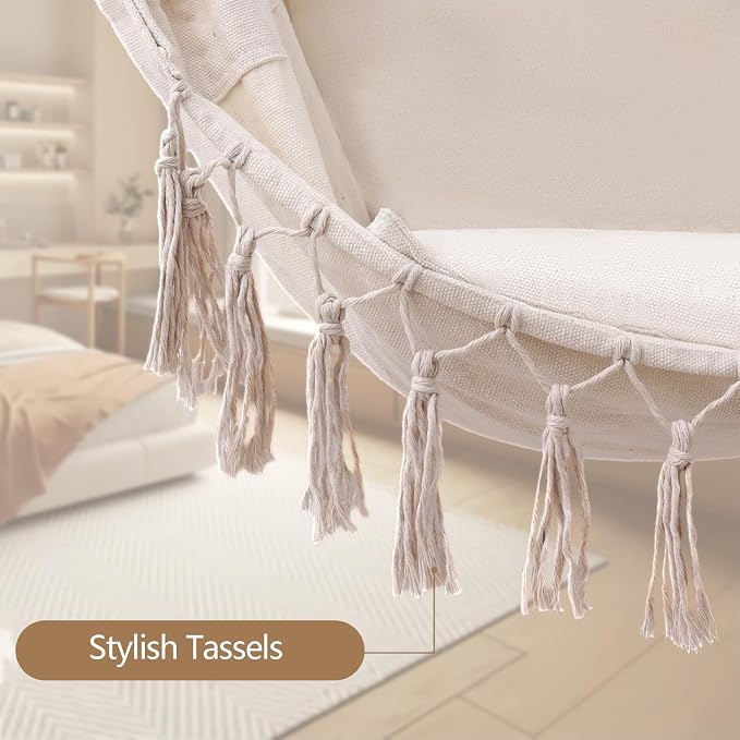 Hammock Chair Hanging Chair Heavy Duty 500 Lbs, Hanging Hammock Chair with Steel Spreader Bar & Adjustable Straps, Indoor Outdoor Hammock Swing for Bedroom Patio Porch Balcony Backyard Camping-Beige