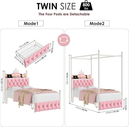 Keyluv Twin Size Upholstered LED Canopy Bed Frame with Charging Station and Drawer, Button Tufted Crown Headboard with Storage Shelf, Two-Purpose Removable Four Poster Design Platform Bed, Pink